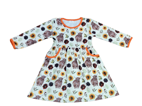 Cow and Sunflowers Long Sleeve Pocket Milk Silk Dress - Great Lakes Kids Apparel LLC