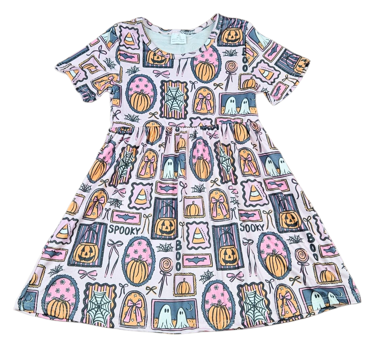 halloween mini dress Pink Spooky Halloween Short Sleeve Milk Silk Dress