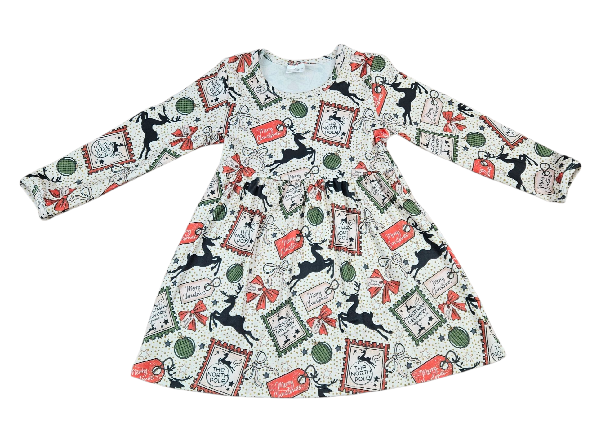 Christmas Stamps Long Sleeve Milk Silk Dress