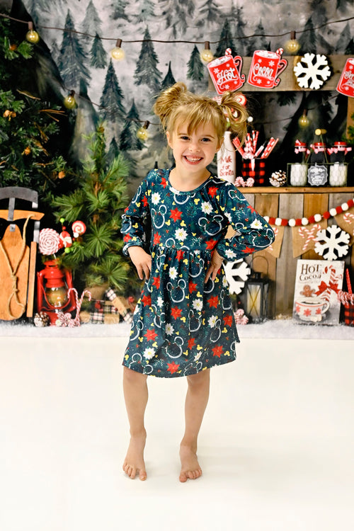 Mouse Head Poinsettia Long Sleeve Milk Silk Dress - Great Lakes Kids Apparel LLC