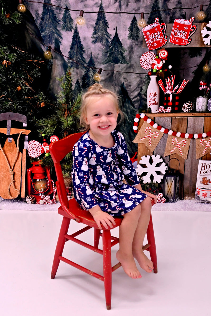 Candy Cane Snowman Long Sleeve Milk Silk Dress - Great Lakes Kids Apparel LLC