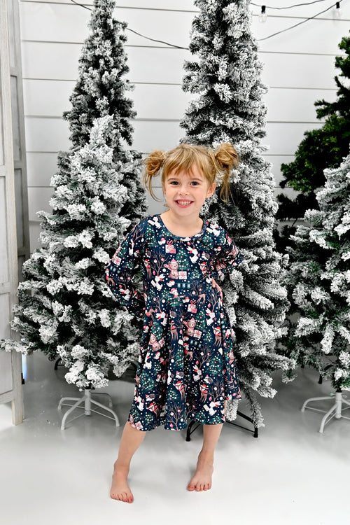 Happy Christmas Critters Long Sleeve Milk Silk Twirl Dress - Great Lakes Kids Apparel LLC