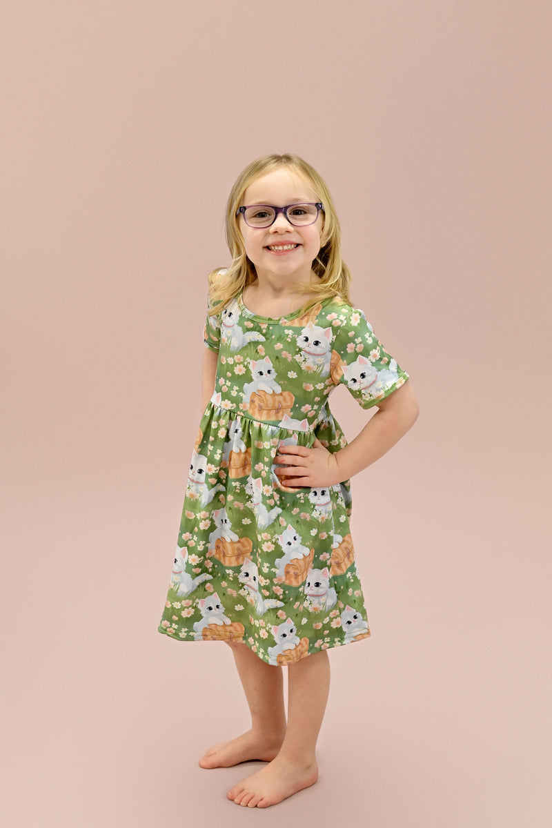 Spring Time Kitty Short Sleeve Milk Silk Dress - Great Lakes Kids Apparel LLC