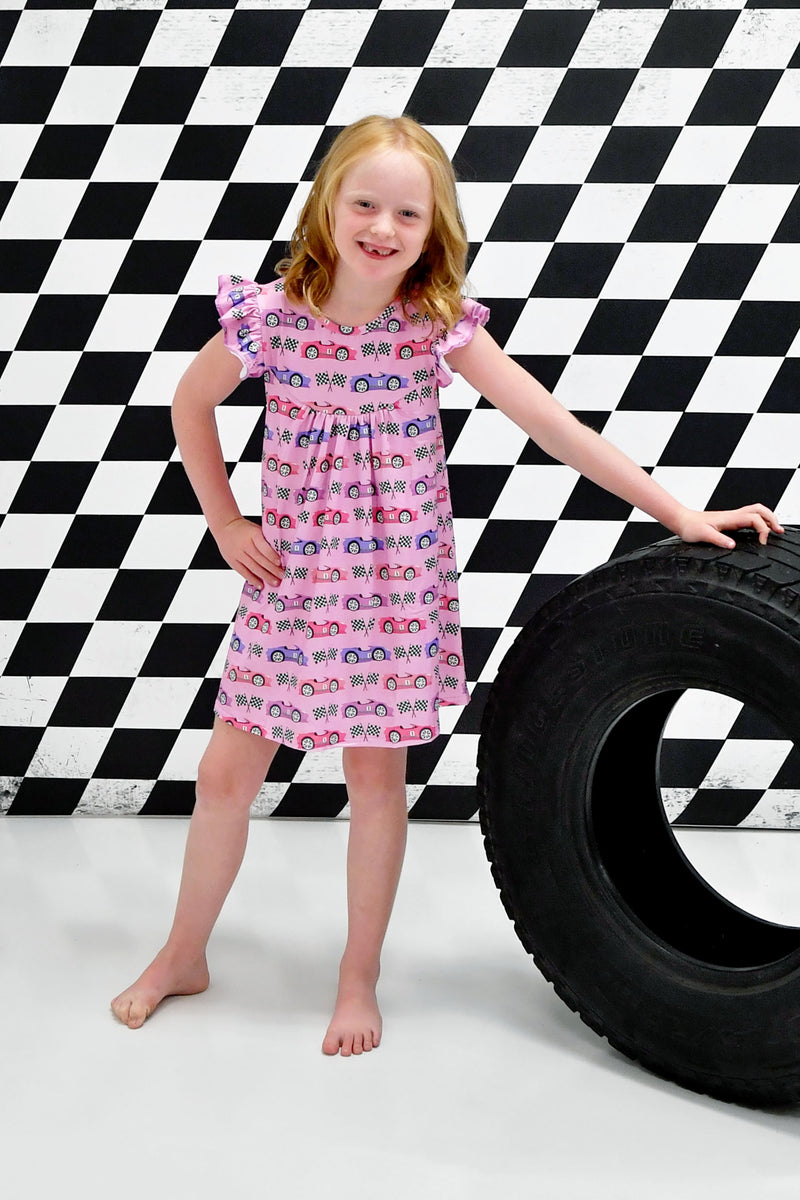 Pink Race Car Milk Silk Flutter Dress - Great Lakes Kids Apparel LLC