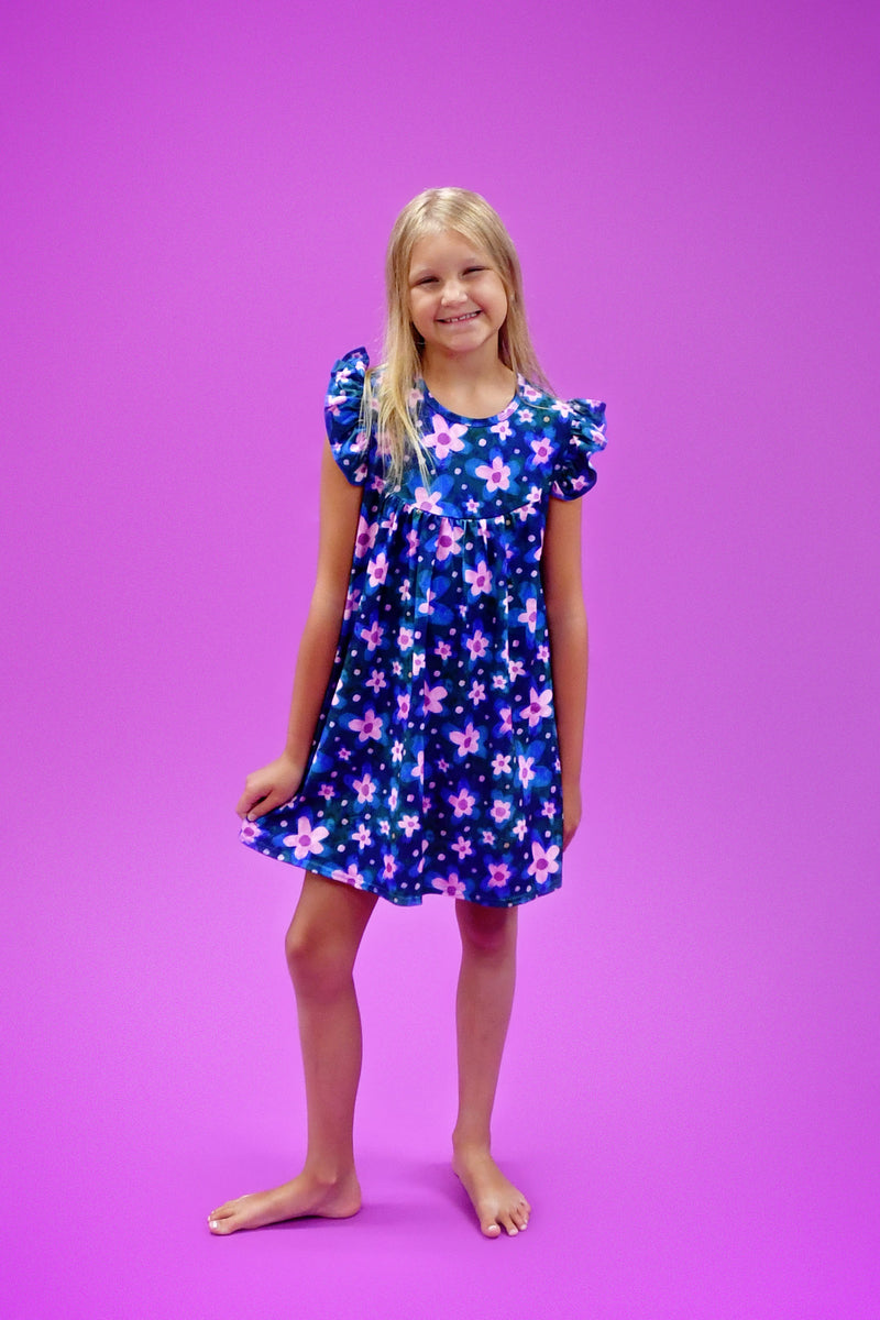 Dark Floral Milk Silk Flutter Dress - Great Lakes Kids Apparel LLC
