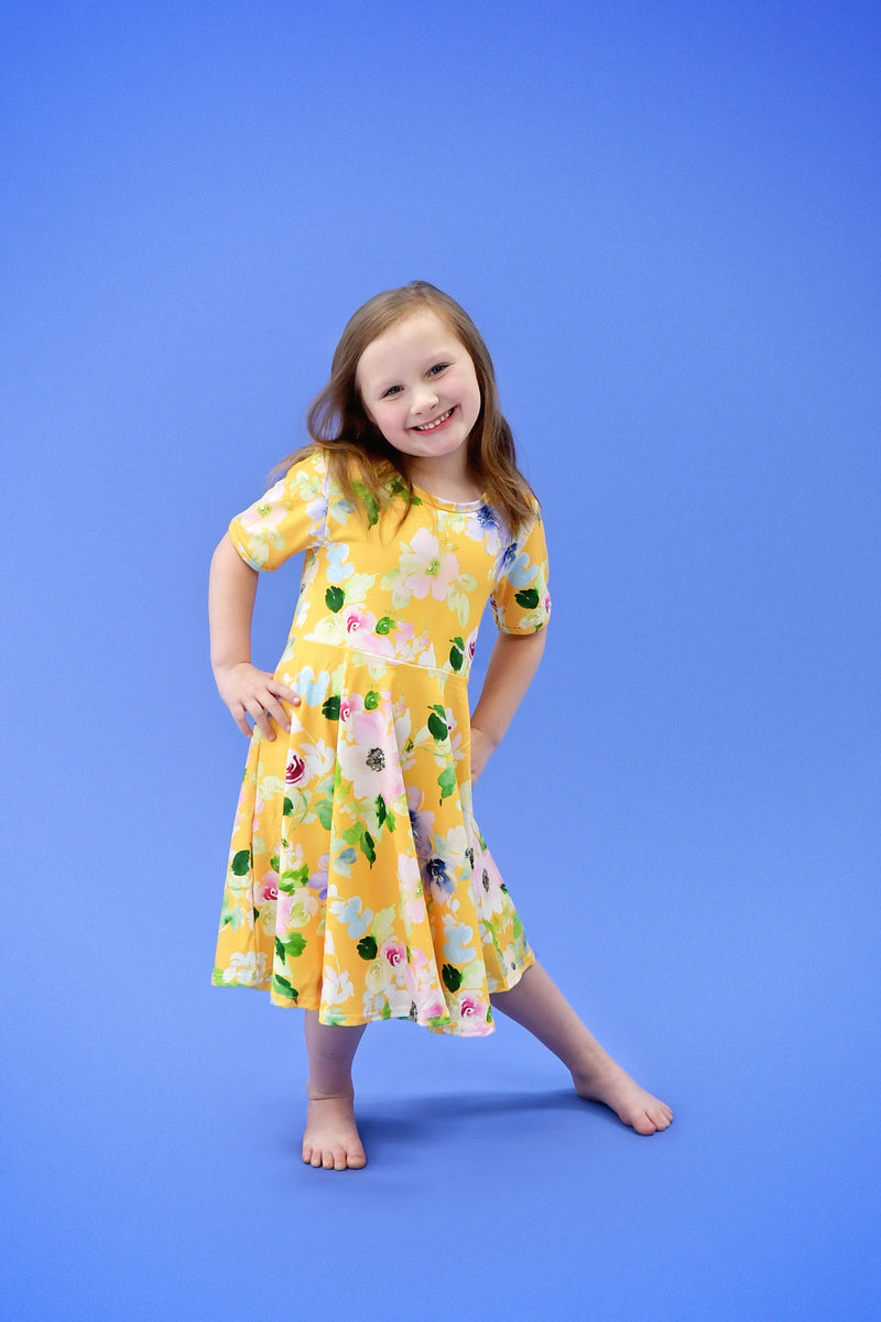Yellow Floral Short Sleeve Milk Silk Twirl Dress - Great Lakes Kids Apparel LLC