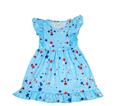 Light Blue Stars Ruffle Tank Milk Silk Dress - Great Lakes Kids Apparel LLC