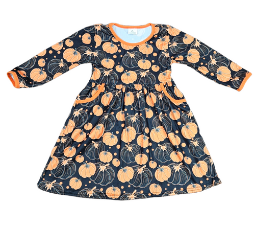Black And Orange Pumpkin Pocket Long Sleeve Milk Silk Dress - Great Lakes Kids Apparel LLC