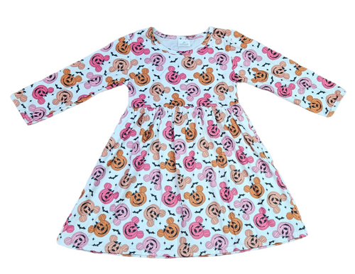 Mouse Bat And Pumpkin Long Sleeve Milk Silk Dress - Great Lakes Kids Apparel LLC