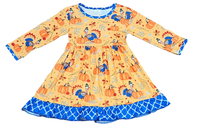 Blue Accent Turkey Long Sleeve Milk Silk Ruffle Dress - Great Lakes Kids Apparel LLC