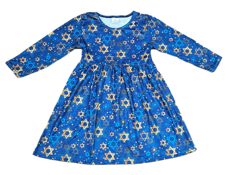 Hanukkah Long Sleeve Milk Silk Dress - Great Lakes Kids Apparel LLC