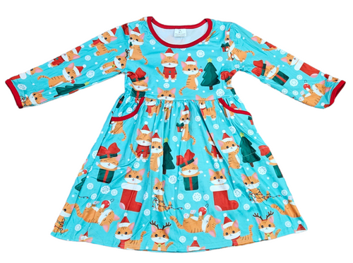 Christmas Kitty Long Sleeve Pocket Milk Silk Dress - Great Lakes Kids Apparel LLC