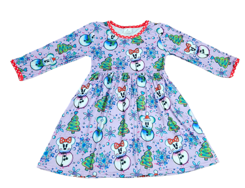 Mouse Snowman Long Sleeve Milk Silk Dress - Great Lakes Kids Apparel LLC