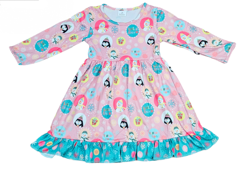 Pink Let It Snow Long Sleeve Ruffle Milk Silk Dress - Great Lakes Kids Apparel LLC