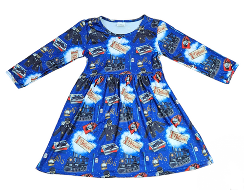 Christmas Train Long Sleeve Milk Silk Dress - Great Lakes Kids Apparel LLC