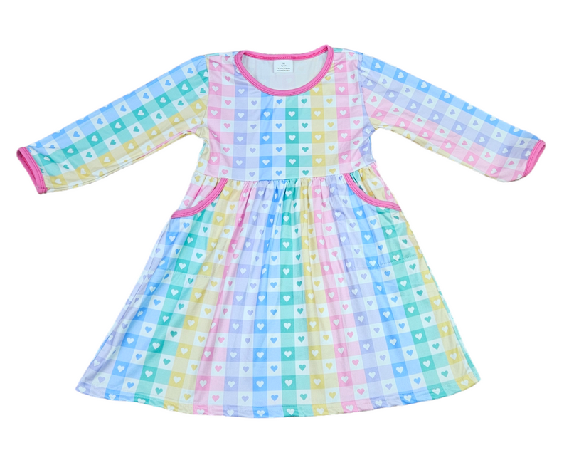 Pastel Plaid Heart Pocket Long Sleeve Milk Silk Dress - Great Lakes Kids Apparel LLC