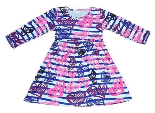 Squiggle Hearts Long Sleeve Milk Silk Dress - Great Lakes Kids Apparel LLC