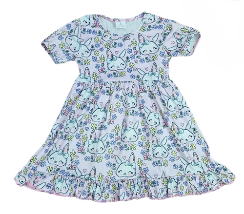 Cute Bunny Short Sleeve Ruffle Milk Silk Dress - Great Lakes Kids Apparel LLC