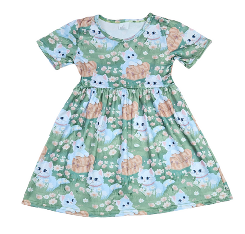 Spring Time Kitty Short Sleeve Milk Silk Dress - Great Lakes Kids Apparel LLC