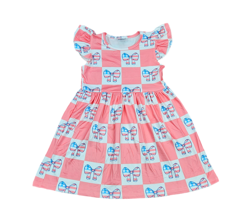 Pink Patriotic Bow Long Flutter Milk Silk Dress - Great Lakes Kids Apparel LLC