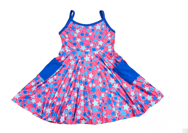 Patriotic Star Tank Pocket Twirl Milk silk Dress - Great Lakes Kids Apparel LLC