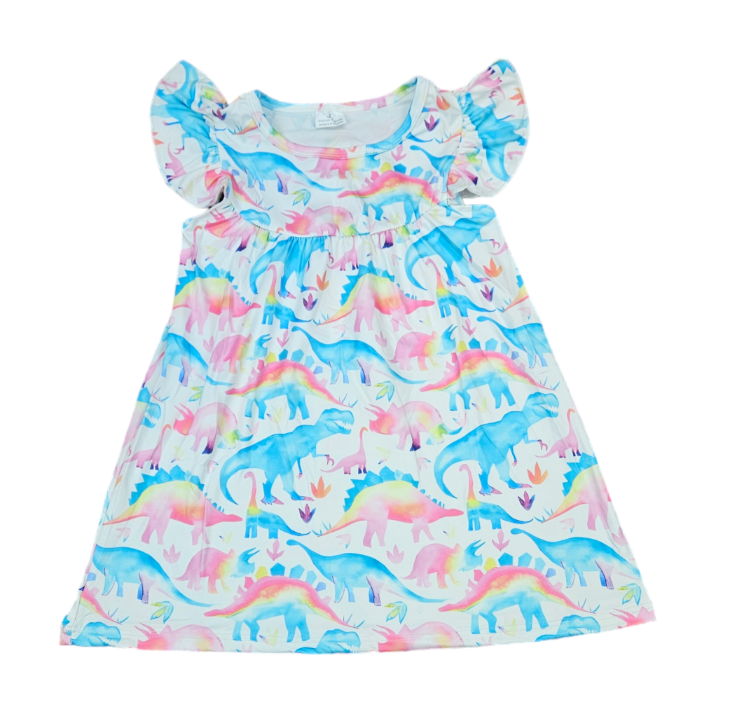 Pastel Dinosaur Milk Silk Flutter Dress - Great Lakes Kids Apparel LLC