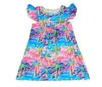 Embroidered Palm Tree Milk Silk Flutter Dress