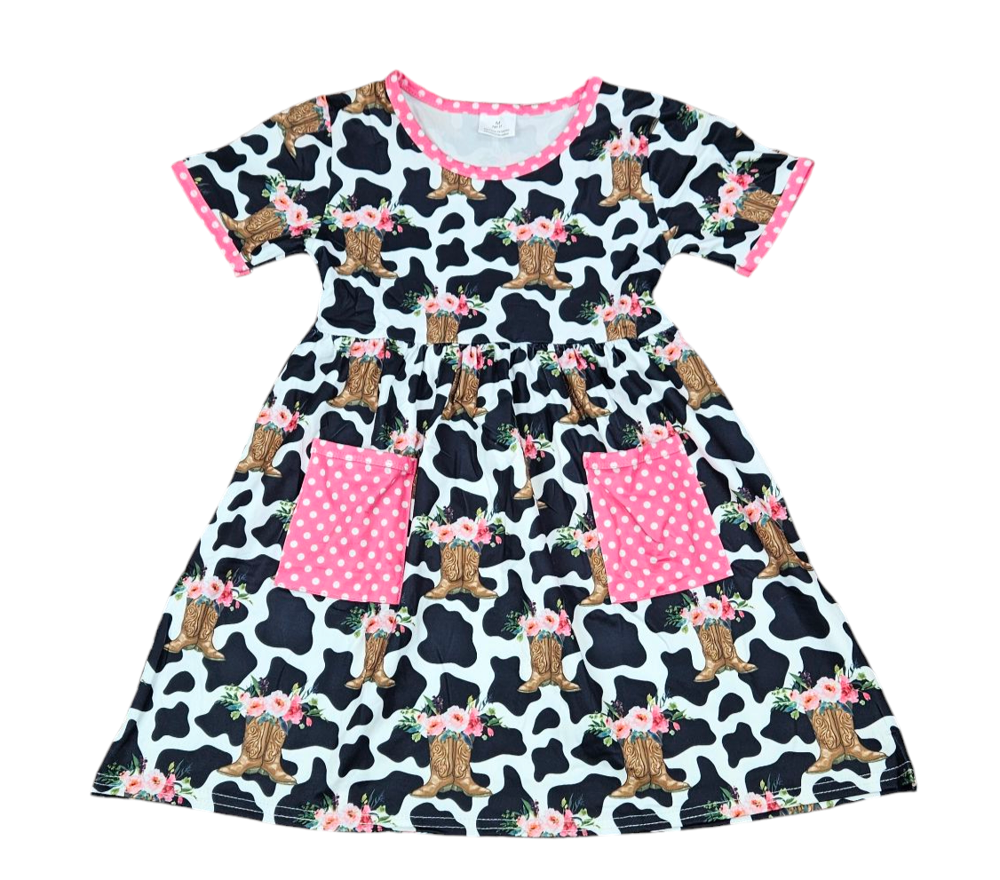 Moo Boots Short Sleeve Milk Silk Dress With Pockets 3T