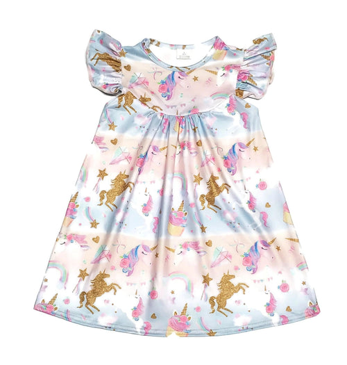 Golden Rainbow Unicorn Milk Silk Flutter Dress - Great Lakes Kids Apparel LLC