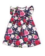 Dark Color Rose Floral Milk Silk Flutter Dress - Great Lakes Kids Apparel LLC