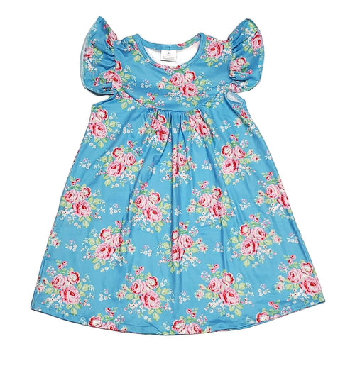 Blue Spring Floral Milk Silk Flutter Dress - Great Lakes Kids Apparel LLC