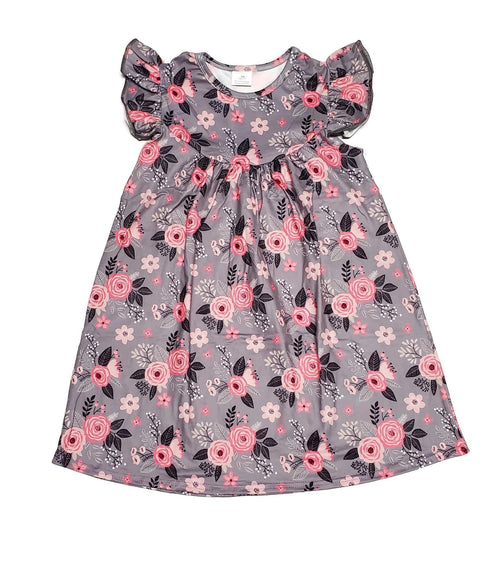 Grey and Pink Floral Milk Silk Flutter Dress - Great Lakes Kids Apparel LLC