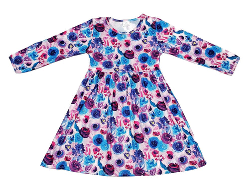 Shades Of Purple Floral Long Sleeve Milk Silk Dress - Great Lakes Kids Apparel LLC
