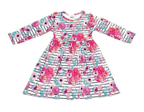 Striped Floral Long Sleeve Milk Silk Flutter Dress - Great Lakes Kids Apparel LLC
