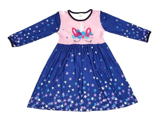Star Unicorn Long Sleeve Milk Silk Dress - Great Lakes Kids Apparel LLC