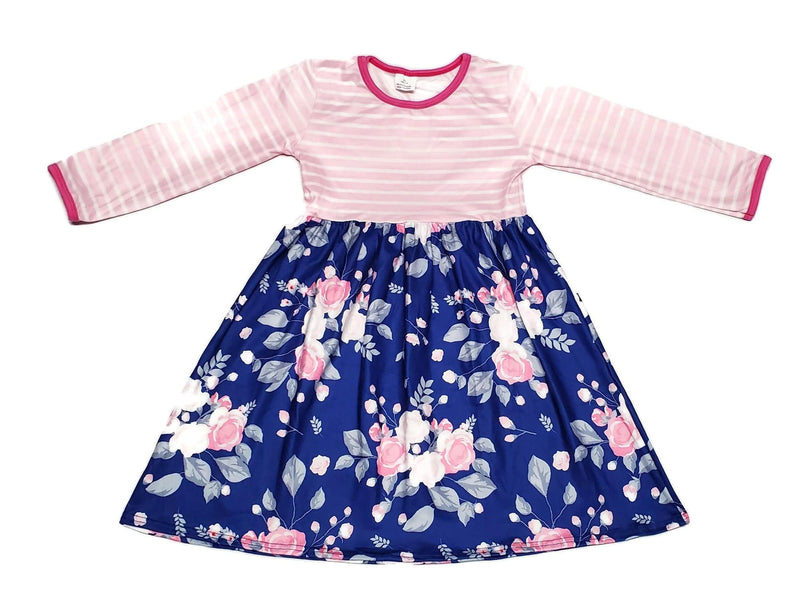 Pink Stripe Floral Long Sleeve Milk Silk Dress - Great Lakes Kids Apparel LLC
