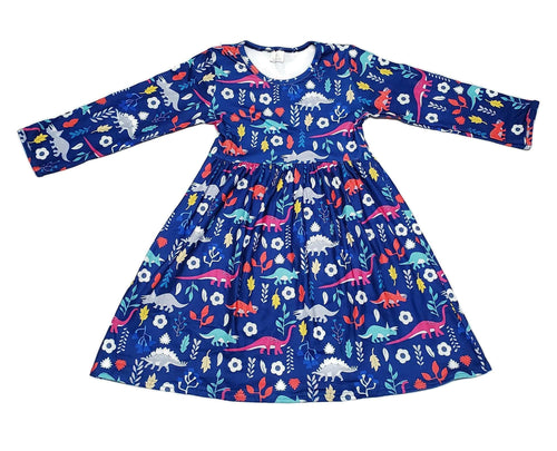 Pretty Blue Dino Long Sleeve Milk Silk Dress - Great Lakes Kids Apparel LLC