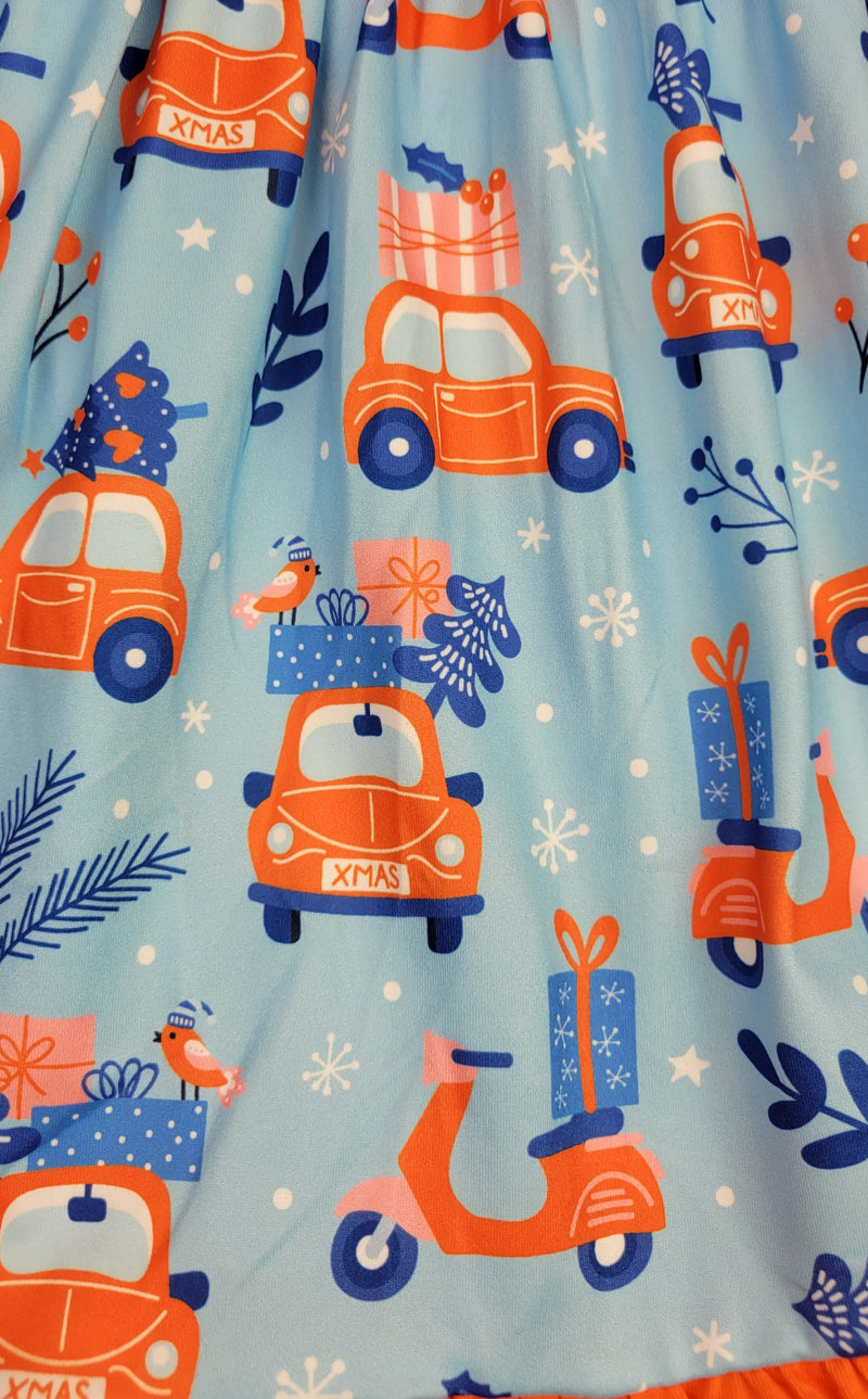 Christmas Car Long Sleeve Ruffle Milk Silk Dress - Great Lakes Kids Apparel LLC