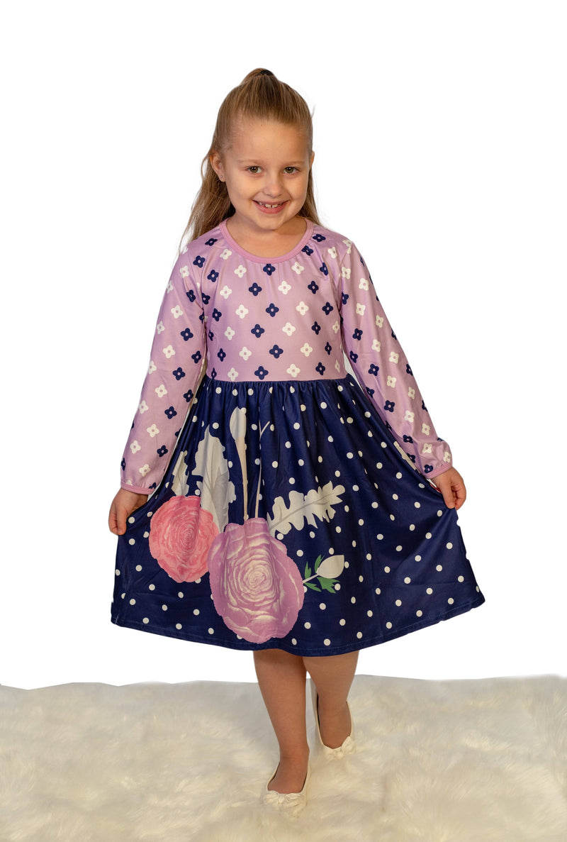 Precious Purple Flower Long Sleeve Milk Silk Dress - Great Lakes Kids Apparel LLC