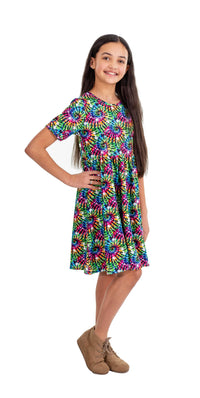 Neon Swirl Short  Sleeve Milk Silk Dress - Great Lakes Kids Apparel LLC