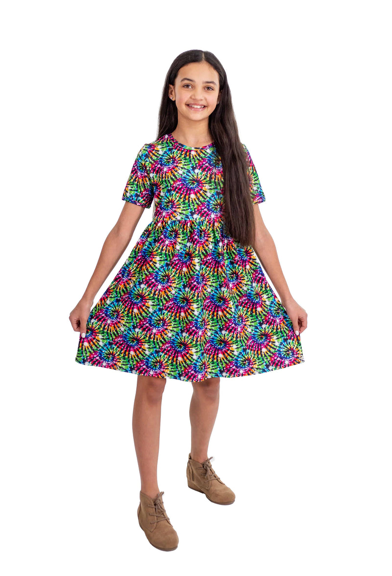 Neon Swirl Short  Sleeve Milk Silk Dress - Great Lakes Kids Apparel LLC