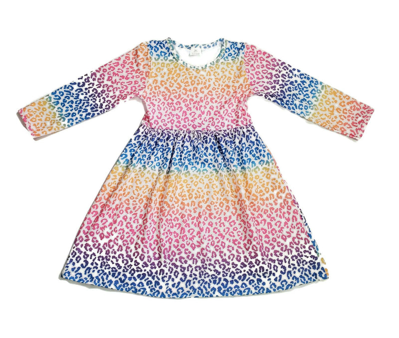 Cheetah Rainbow Long Sleeve Milk Silk Dress - Great Lakes Kids Apparel LLC