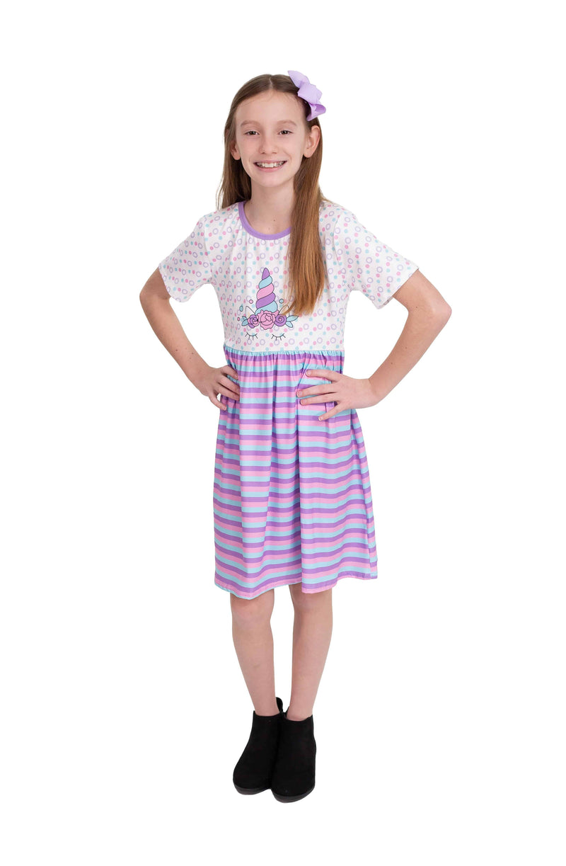 Joyful Unicorn Short Sleeve Milk Silk Dress - Great Lakes Kids Apparel LLC