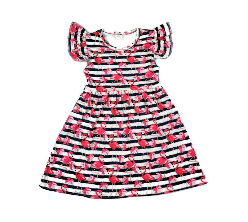 Striped Flamingo Long Flutter Milk Silk Dress - Great Lakes Kids Apparel LLC