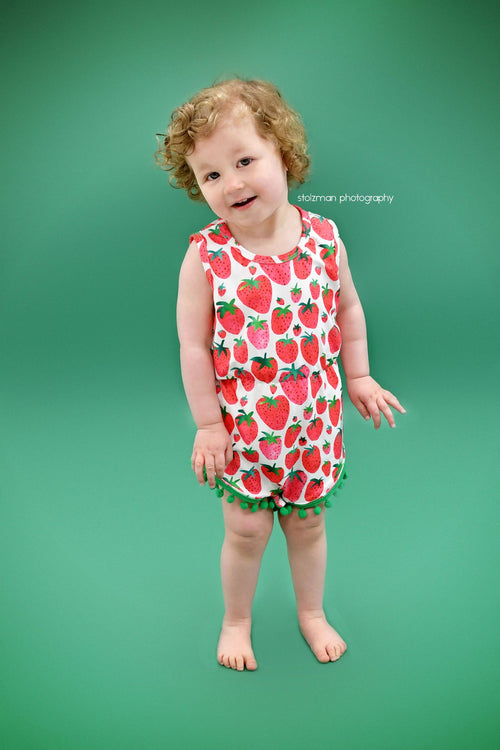 Strawberry Milk Silk Pom Pom Romper - Great Lakes Kids Apparel LLC