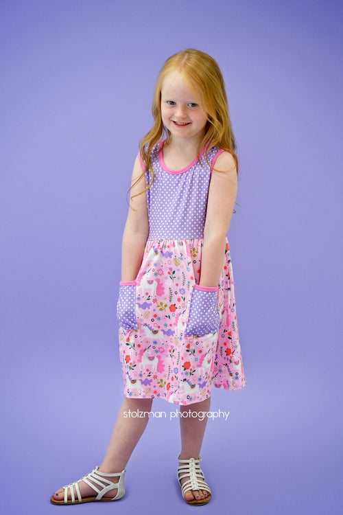 Unicorn Front Pocket Milk Silk Tank Dress - Great Lakes Kids Apparel LLC