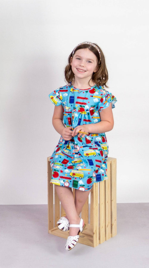 Blue Back To School Milk Silk Flutter Dress - Great Lakes Kids Apparel LLC