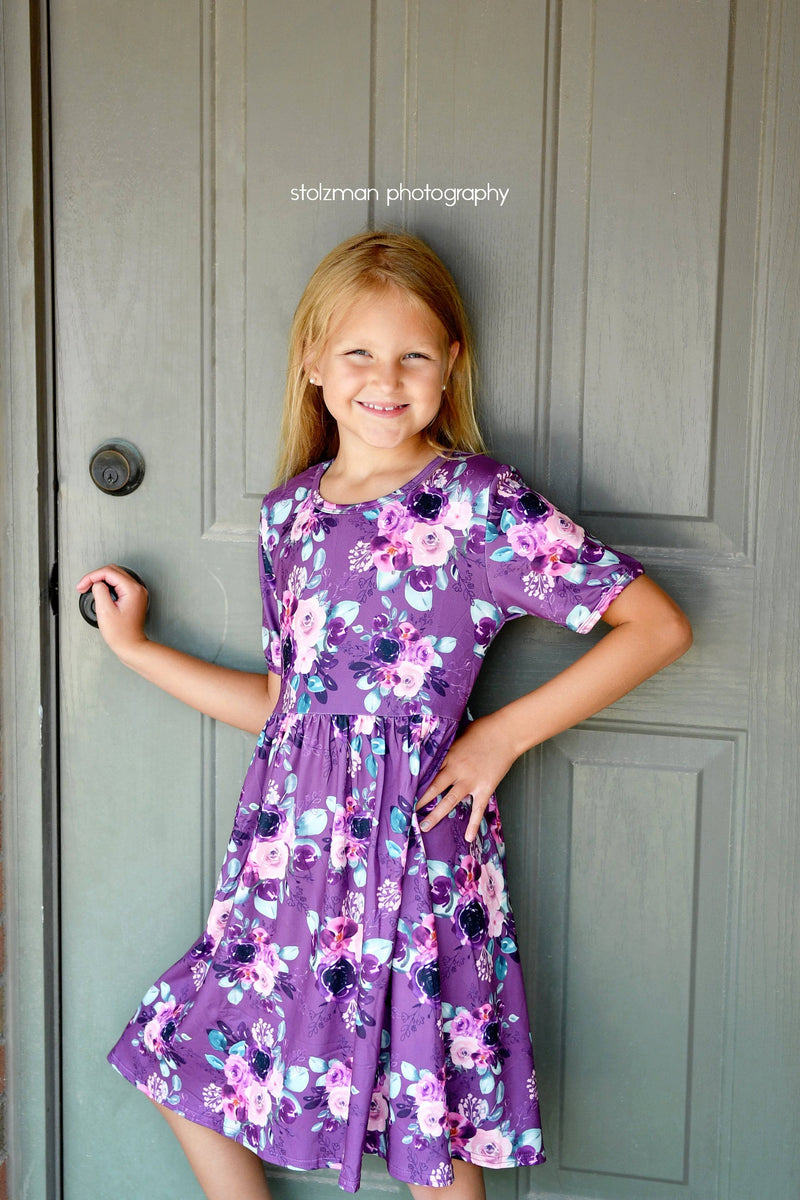 Purple Floral Short Sleeve Milk Silk Dress - Great Lakes Kids Apparel LLC
