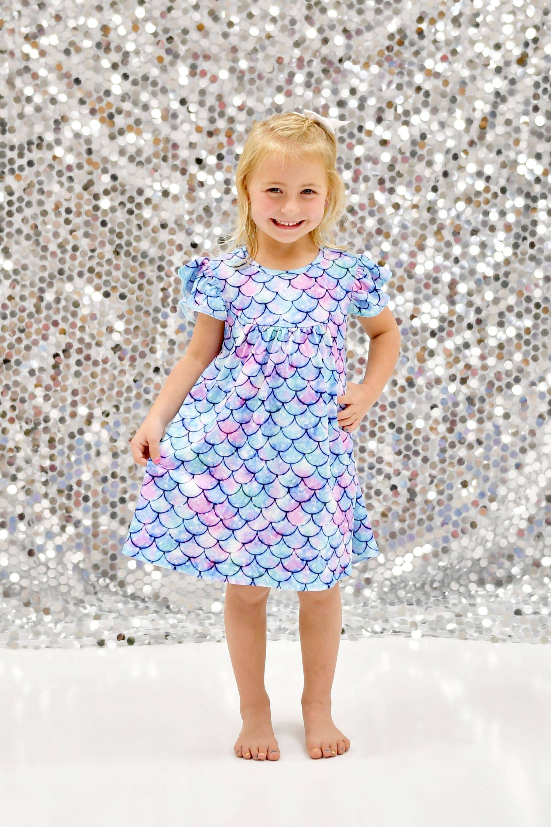 Shiny Mermaid Scale Milk Silk Flutter Dress | Great Lakes Kids Apparel LLC