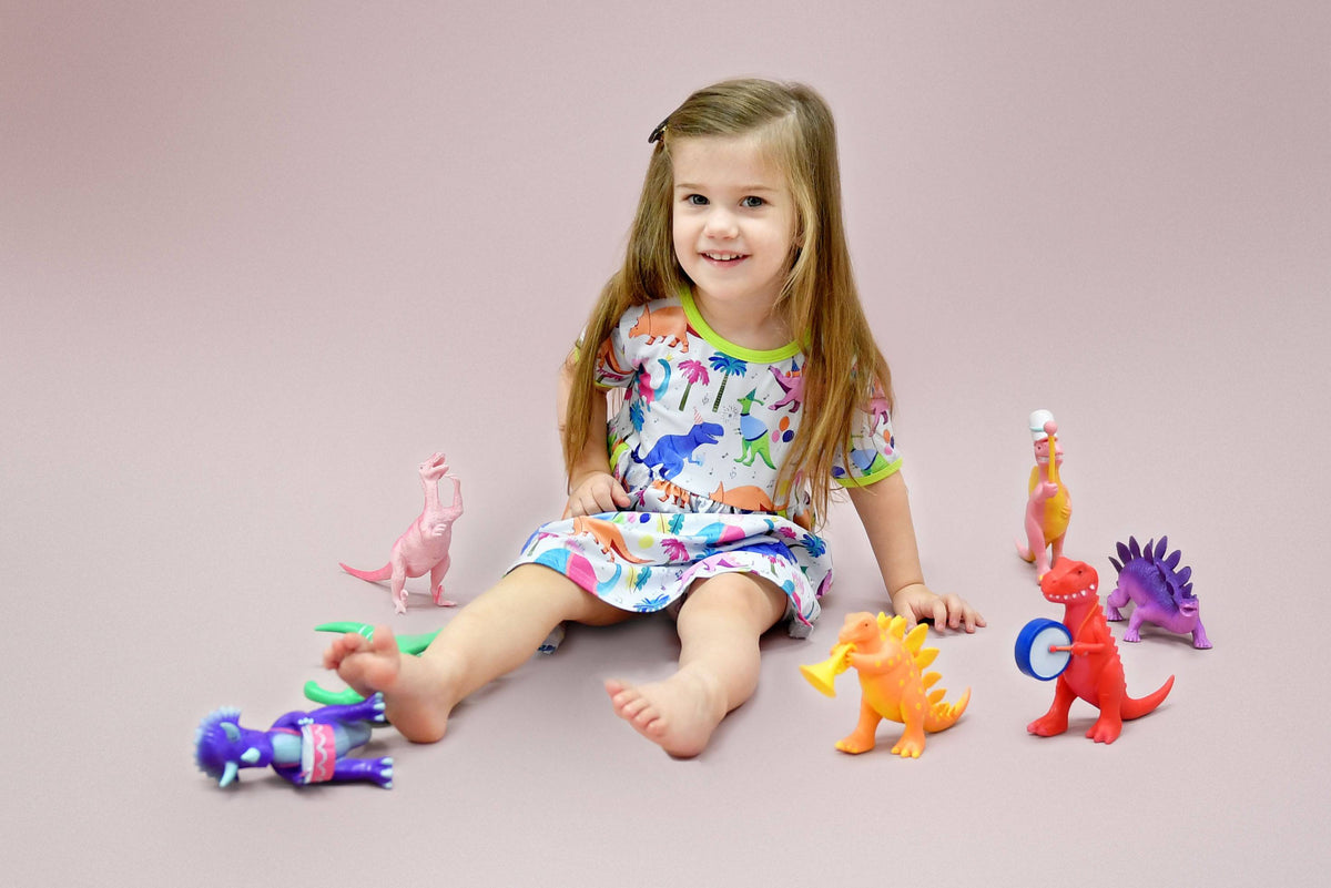 Birthday Dino Short Sleeve Pocket Milk Silk Dress - Great Lakes Kids Apparel LLC